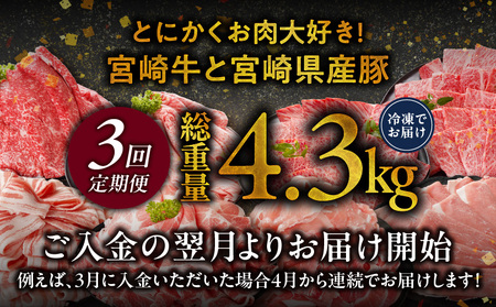 ≪3回連続お届け≫とにかくお肉大好き!宮崎牛と宮崎県産豚定期便M(総重量4.3kg)_T48-3-N201_(都城市) 宮崎県産 牛肉 宮崎牛 豚肉 しゃぶしゃぶ すき焼き 焼肉 バラ ロース ウデ 