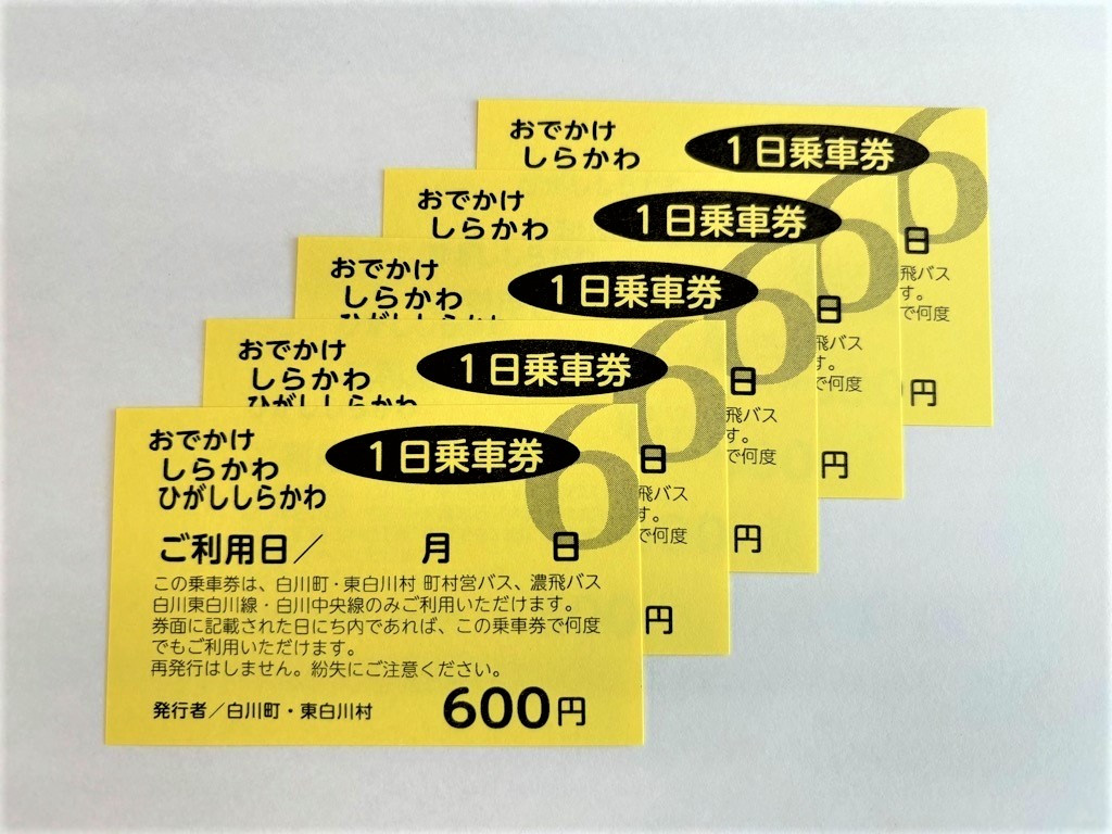 
No.250　おでかけしらかわ１日乗車券（６００円）×５枚
