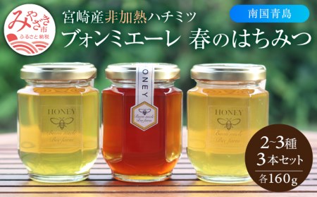 【最速便】【数量・期間限定】宮崎産非加熱ハチミツ(南国青島シリーズ)2～3種 ブォンミエーレ春のハチミツ160g×3本セット 国産 ハチミツ 蜂蜜 はちみつ 非加熱 3本 セット 詰め合わせ 非加熱はちみつ 非加熱処理 食べ比べ 味比べ ギフト 瓶 調味料 パン トースト グルメ お取り寄せ