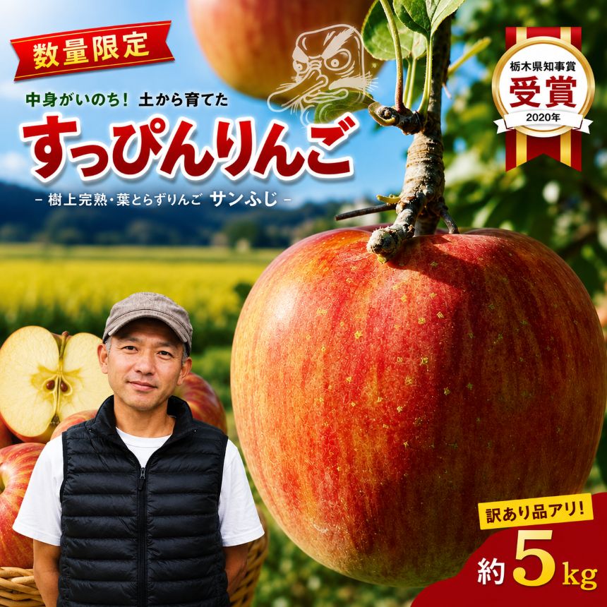 【ふるさと納税】りんご 選べる 訳あり 樹上完熟 葉取らず サンふじ 5kg| 11月 下旬より発送 すっぴんりんご 産地直送 国産 先行予約 林檎 フルーツ 果物 栃木県 矢板市産