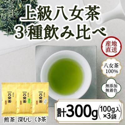 ふるさと納税 八女市 八女茶100% 3種類の上級茶飲み比べセット 100g×3袋(煎茶・深蒸し茶・くき茶)