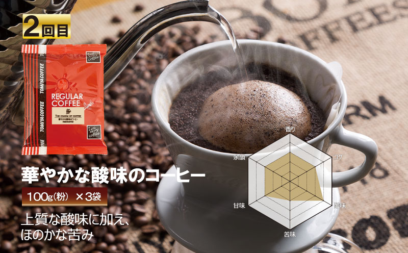 【 5ヶ月定期便 】 定期便 ！ おいしい コーヒー を飲もう 各月 100 g × 3 袋 ( 粉 ) を お届け 計 1.5 kg コーヒー ポスト投函 トミヤコーヒー 自家 焙煎 静岡県 沼津市