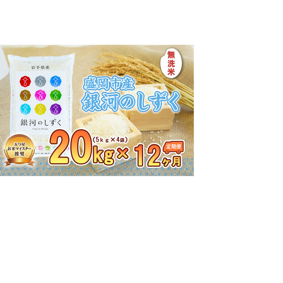 米 定期便 12ヶ月 銀河のしずく 無洗米 20kg(5kg×4) お米 精米 白米 こめ コメ おこめ ごはん お米マイスター 推奨 ブランド米 常温 国産 岩手県 岩手 盛岡市産 定期 お楽しみ 12回