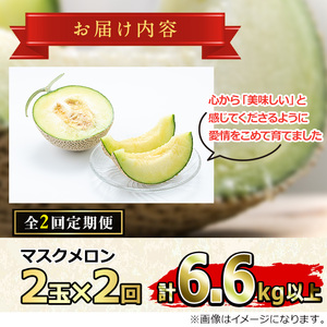 【0432211b】＜定期便・全2回(12月・1月)＞年内お届け！まるまる育ったマスクメロン(2玉×2回・計6.6kg以上) マスクメロン フルーツ 果物 果実 6キロ 数量限定 期間限定 【まる美園