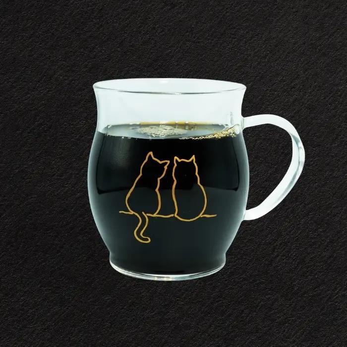 蒔絵で描いた 寄り添う猫 ガラス マグカップ  330ml （耐熱ガラス）　(Ba-037) 