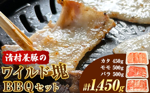 
                  ワイルド塊BBQセット 計1450g 清村養豚 《30日以内に出荷予定(土日祝除く)》  熊本県 御船町 豚 肉 冷凍 小分け カタ モモ バラ
                