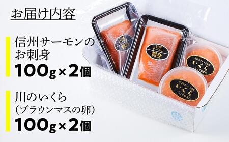 「信州サーモンのお刺身」（100g×2ケ）と「川のいくら（ブラウンマスの卵）のしょうゆ漬け」（100g×2ケ）セット