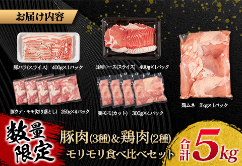 数量限定 豚肉 3種 鶏肉 2種 モリモリ 食べ比べ セット 合計5kg 豚バラ 豚肩ロース 豚ウデ 豚モモ 鶏もも 鶏むね 国産 スライス 切り落とし 食品 お弁当 おかず 焼肉 しゃぶしゃぶ から