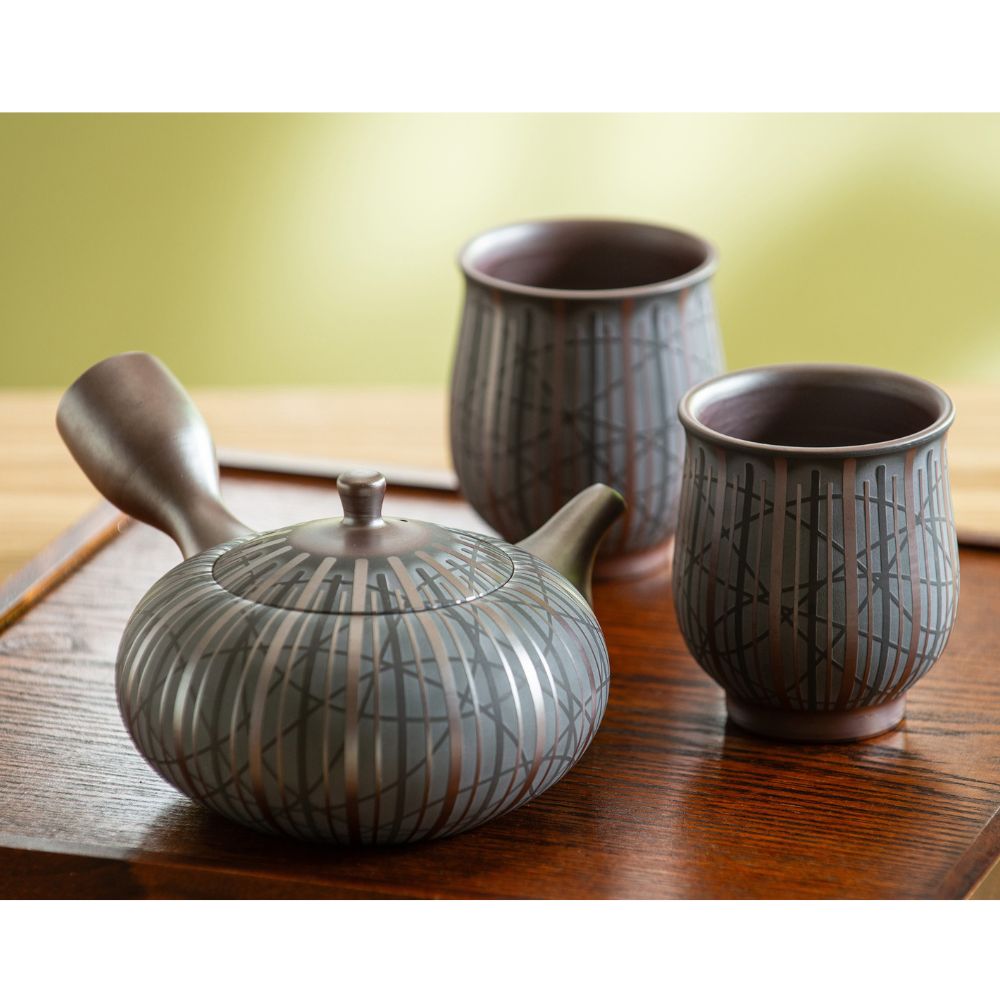 【萬古焼（ばんこやき）】醉月陶苑　縞文茶器 ご希望の文字入れ 急須と湯呑のセット　希少 萬古の匠 醉月陶苑3代目・清水醉月_イメージ2