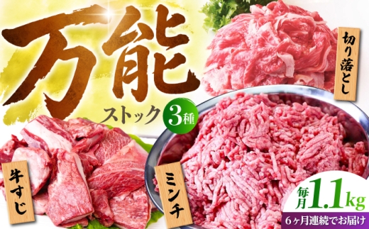 【全6回定期便】佐賀牛 万能ストック3種セットA ( 切り落とし 500g・ミンチ 300g・牛すじ 300g ) 【山下牛舎】 [HAD122]