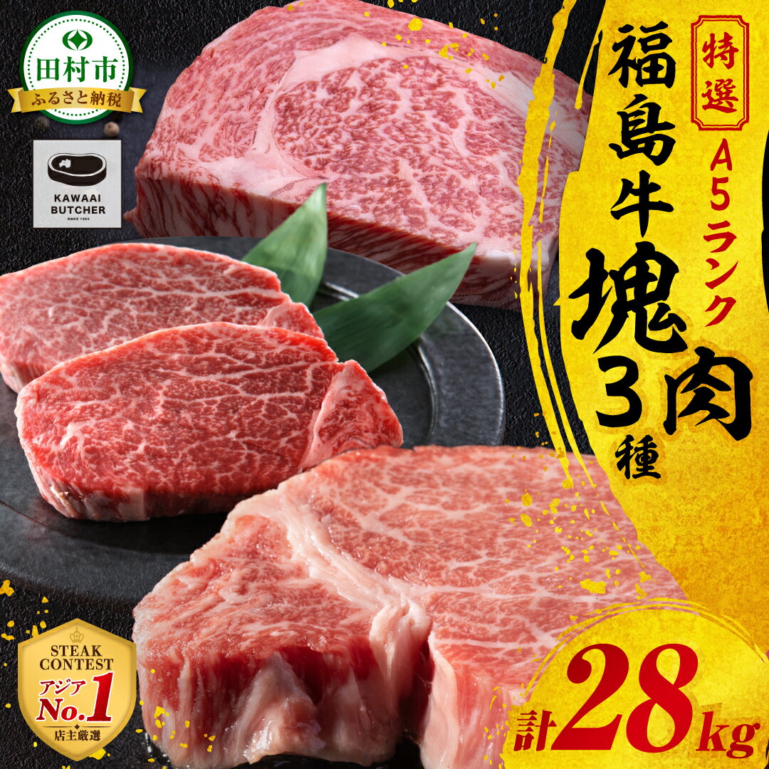 【ふるさと納税】＼ 厳選 福島牛 A5 ／ 塊肉3種 詰合せ 合計28kg スパイス付き ヒレ サーロイン リブロース ブロック肉 ステーキ BBQ ローストビーフ チャンピオンスパイス 高級肉 冷凍 保存 肉 牛肉 焼肉 贈答 ギフト 人気 ランキング おすすめ イ 福島県 田村市 川合精肉店