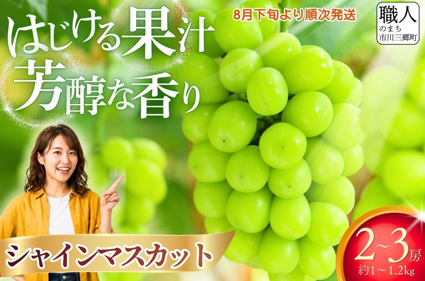 
                  シャインマスカット 【2026年発送】 山梨 約1～1.2kg (2～3房) 古田農園 ｜ 人気 新鮮 産地直送 果物 くだもの フルーツ 甘い 糖度 シャイン マスカット 葡萄 ブドウ ぶどう 贈答 ギフト おやつ トッピング 山梨 市川三郷町 市川三郷 [5839-1924]
                