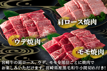 《毎月数量限定》＜【3ヶ月定期便】総重量1.1kg 宮崎牛焼肉味わい試し＞肩ロース ウデ モモ 食べくらべ 国産 九州産 みやざき牛肉 焼き肉 BBQ バーベキュー アウトドア 小分け 個包装 プレゼ