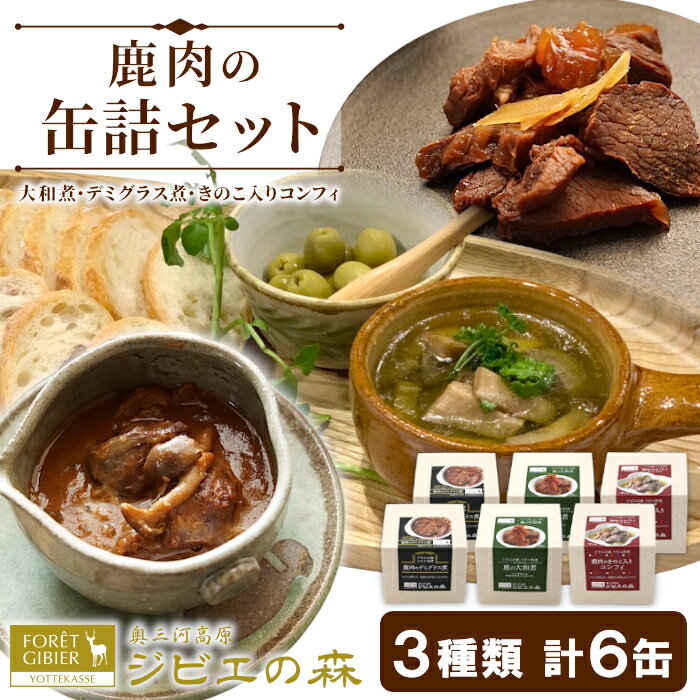 【ふるさと納税】ジビエ料理 鹿肉缶詰3種類6缶セット 大和煮 デミグラス きのこ コンフィー 缶詰 国産 奥三河ジビエ ヘルシー 保存食 野菜 赤ワイン デミグラス煮 酒のつまみ 惣菜 常温保存 長期保存 防災 備蓄 非常食 保存食 贈り物 肉 鹿 ジビエ 17000円 17,000円 -110
