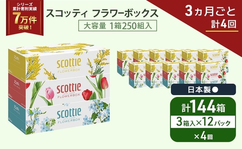 定期便 ティッシュ スコッティ フラワーボックス 3箱 × 12 パック《 3ヶ月ごと計 4回 》ティッシュセット