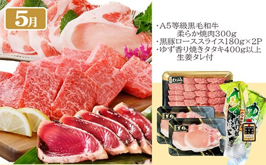 定期便(1年で6回)枕崎お楽しみ便(A5等級黒毛和牛・黒豚・かつおetc)GG-6002【1166744】 _ 肉 お肉 牛肉 サーロイン ステーキ 焼肉 ハンバーグ 切り落とし 豚肉 ロース バラ 