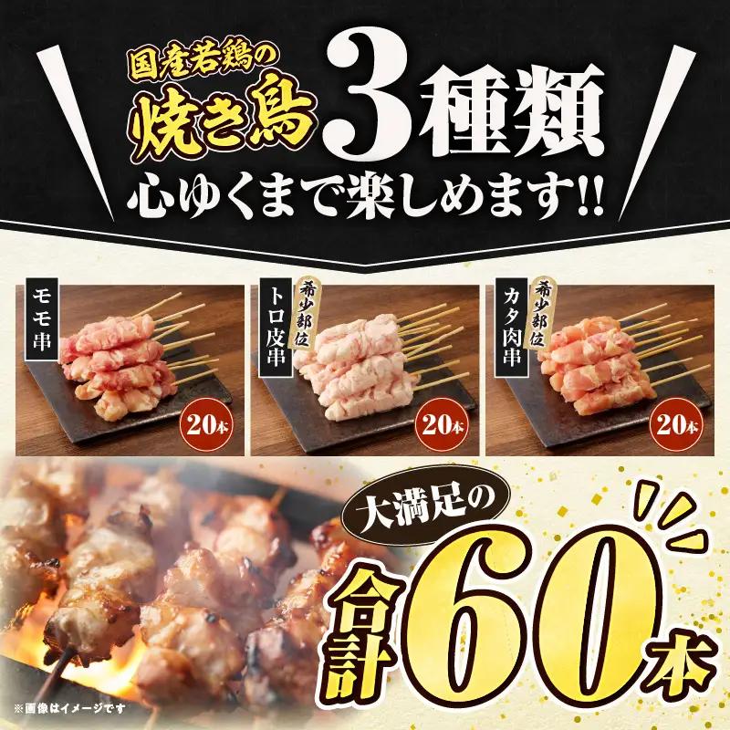 若鶏の焼き鳥3種(60本)盛り合わせ セット 詰め合わせ 食べ比べ 味比べ 焼鳥 鶏肉 肉 お肉 モモ トロ皮 カタ肉 串 串焼き BBQ キャンプ グランピング アウトドア グルメ おすすめ 宮崎市