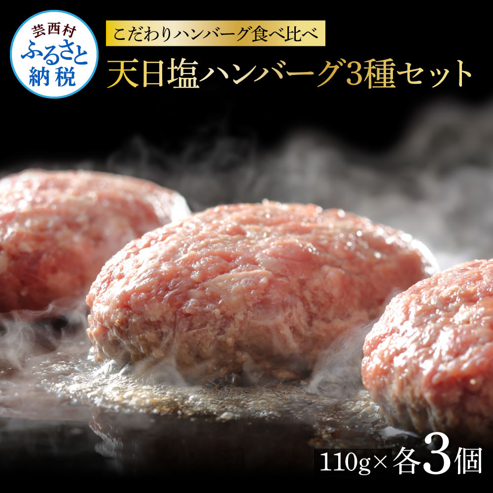 
            食べ比べ！天日塩ハンバーグ3種セット各3個(110g×3種) 合計9個 ハンバーグ 黒毛和牛 美鮮豚 天然塩 天日塩 デミグラスソース 和風ソース ソース付き 牛肉 豚肉 温めるだけ 冷凍 配送 国産 故郷納税
          