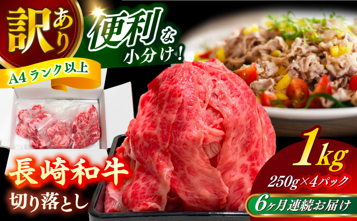 
                  【全6回定期便】【訳あり】 長崎和牛（バラ、モモ、肩ロースのいずれか）1kg 切り落とし 250g×4P 小分け 【株式会社時愉亭】 [RCE012]
                