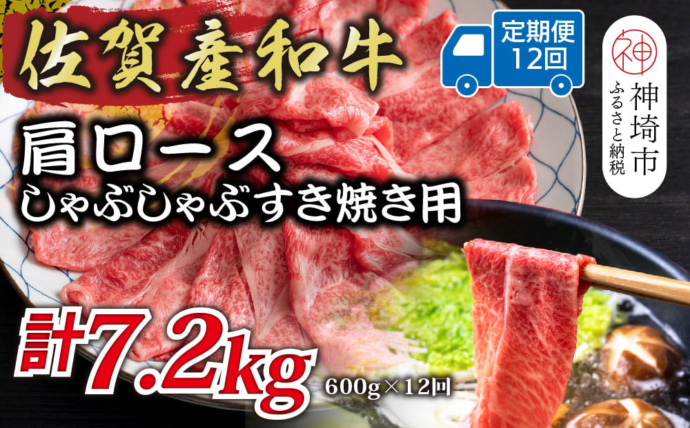 
            【12か月定期便】佐賀産和牛肩ロースしゃぶしゃぶすき焼き用 600g×12回【肉 牛肉 ブランド牛 黒毛和牛 ふるさと納税】(H112255)
          