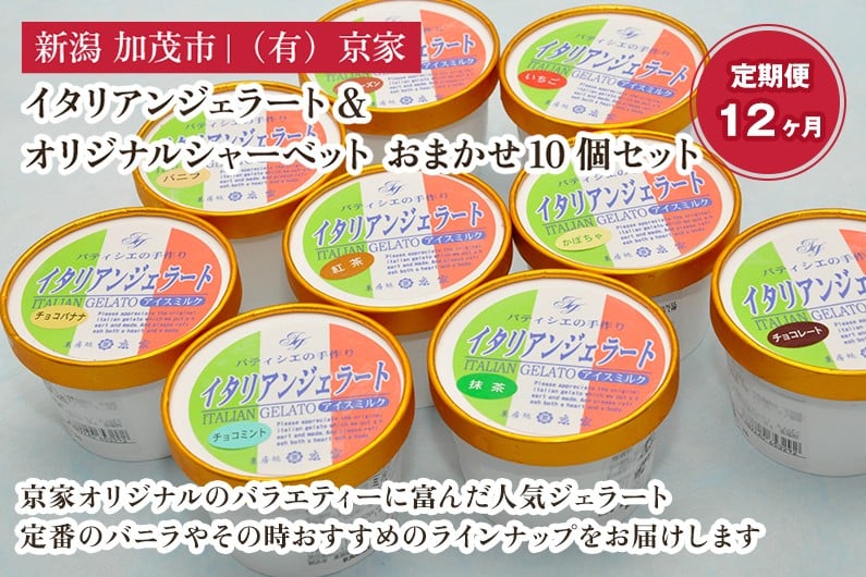 
            【定期便12ヶ月毎月お届け】京家のイタリアンジェラート&オリジナルシャーベット おまかせ10個セット アイス アイスクリーム 氷菓 スイーツ ひんやり 有限会社京家 加茂市
          
