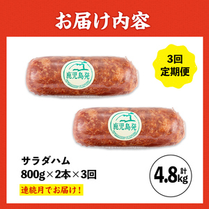 ＜定期便・計3回(連続月)＞ サラダ ハム (業務用) 約800g×2本×3回 計4.8kg  プレスハム 【ナンチク】i1204-A