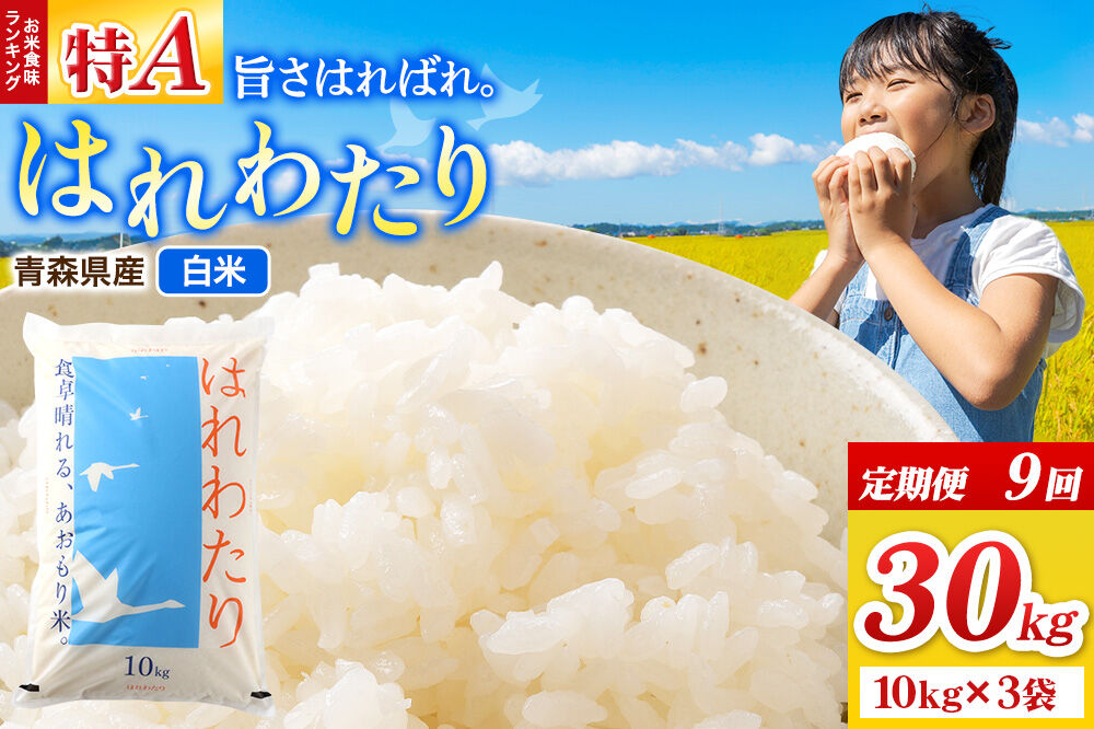《定期便9ヶ月》米 はれわたり【白米】30kg（10kg×3袋）令和7年産 特A 青森県弘前市産 [米 定期便 はれわたり 白米 精米 ブランド米 青森県 弘前市産]