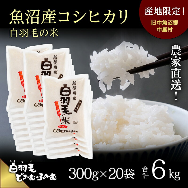 【ふるさと納税】【通年受付】≪令和7年産≫ 農家直送！魚沼産コシヒカリ「白羽毛の米」精米 (300g×20袋) 6kg お米 白米 ご飯 　お届け：10月1日発送開始。通年受付にてお届けします。