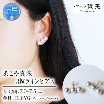 ふるさと納税 志摩市 志摩産 あこや真珠 7-7.5mm K18 3粒ラインピアス ナチュラルブルー 無調色 神秘の彩り