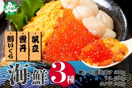 3610. 3種 海鮮丼 鱒 いくら醤油漬け 100g×5 5-6人前 ウニ チリ産 雲丹 うに 200g ホタテ 300g 帆立 いくら いくら醤油 イクラ 魚卵 海鮮 送料無料 北海道 弟子屈町