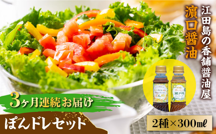 
            【全3回定期便】かけるだけで大満足のぽんドレセット 300mL×2種 ポン酢 ドレッシング サラダ ゆず 鍋 醤油 しょう油 しょうゆ お醤油 セット 詰め合わせ 調味料 大豆 発酵食品 刺身 煮物 だし だし醤油 出汁醤油 出汁 濃口 濃い口 こいくち 安心 安全 手作り コク 旨味 国産 料理 グルメ 保存 リピート ギフト 人気 高品質 好評 広島県産 江田島市/濱口醤油[XAA029]
          