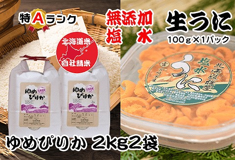 エゾバフンウニ塩水パック100g、ゆめぴりか2kg×2袋[10月下旬以降発送] F-65011