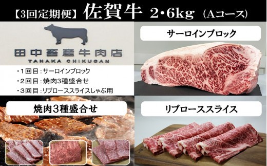 
                  【定期便セット】【3回】田中畜産牛肉店 佐賀牛Aコース2.6kg（サーロインブロック1kg/焼肉3種（ロース300g、カルビ300g、赤身300g）/リブローススライスしゃぶ用700g）
                