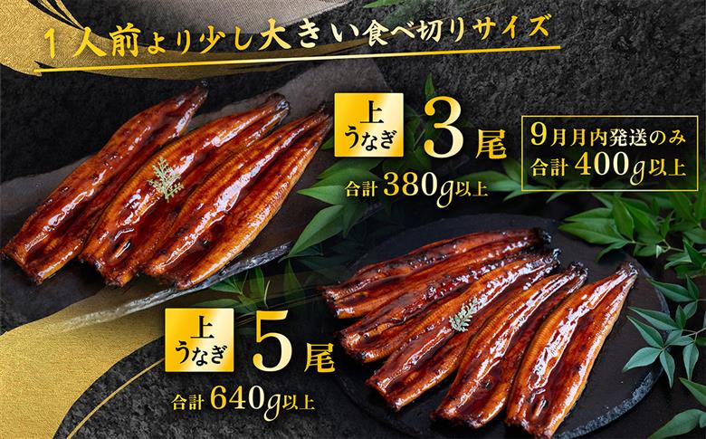 【 発送月・容量が選べる！ 】【 09月発送 】 国産 うなぎ蒲焼 上うなぎ3尾 400g以上 山椒付き 鰻 ウナギ たれ タレ たっぷり うな重 鰻重 ひつまぶし 【9月発送限定】上うなぎ3尾(40