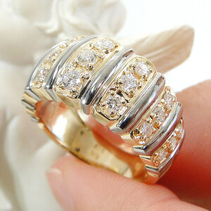 140-9-1 指輪 K18YG Pt900 ダイヤモンド 計 1.00ct コンビ リング イエローゴールド プラチナ ストライプ 幅広 【 f191-ygpt 】