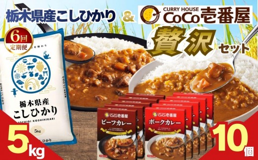 【定期便6回】ココイチ ビーフカレー・ポークカレー各5個 &コシヒカリ5kgの贅沢セット