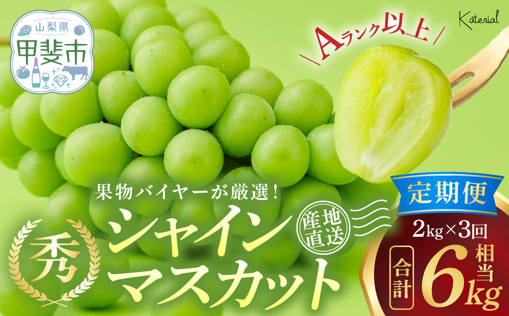 
            【2025年分発送】 定期便 シャインマスカット 2.0kg相当×3回セット 先行予約 先行 予約 山梨県産 産地直送 フルーツ 果物 くだもの ぶどう ブドウ 葡萄 シャイン シャインマスカット 新鮮 人気 おすすめ 国産 贈答 ギフト お取り寄せ 甘い 皮ごと 山梨 甲斐市 AD-166
          