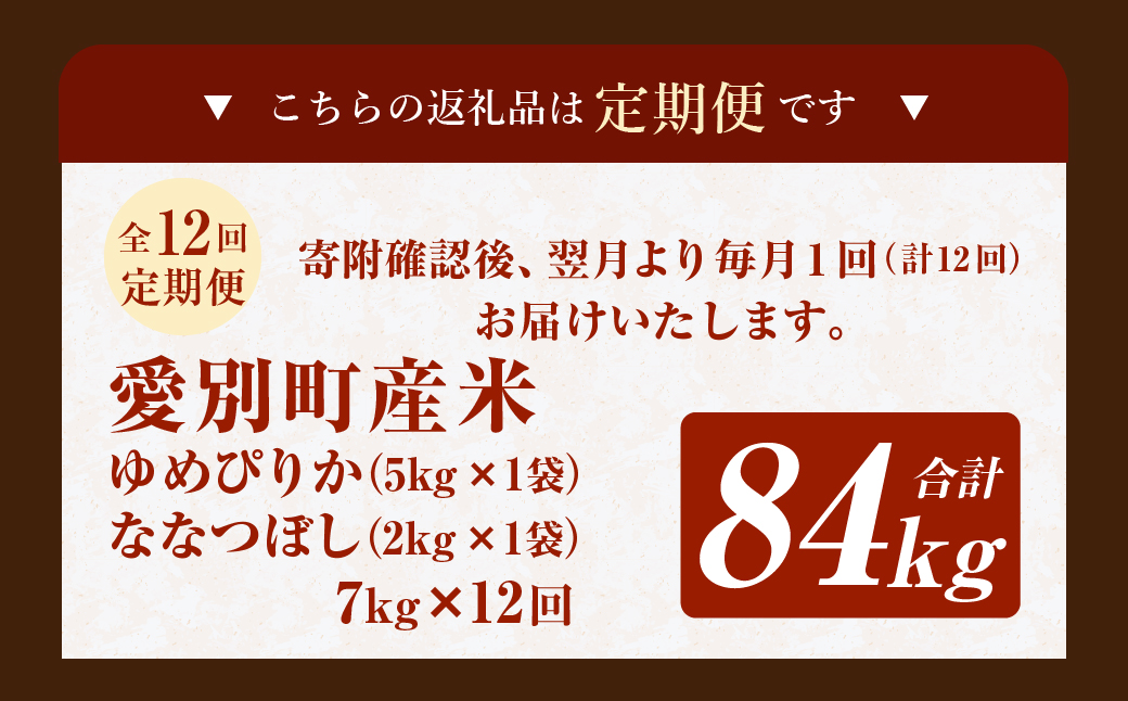 愛別町産米（ゆめぴりか5kg＆ななつぼし2kg）12ヶ月定期配送【A38321】