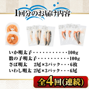【ksg1355】＜定期便・全4回(連続)＞明太づくしセット(4種) ＜離島配送不可＞【マル五】