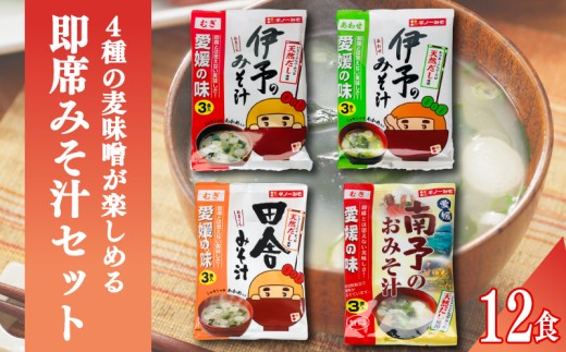 4種の麦味噌が楽しめる即席みそ汁セット（12食入り）| 即席 レトルト 味噌 味噌汁 みそ汁 簡単 便利 具だくさん 食べ比べ 父の日 一人暮らし 減塩 低塩 麦みそ 国産 大麦 大豆 味噌 みそ 粒みそ 調味料 麹 こうじ 味噌汁 みそ汁 愛媛県 松前町 えひめけん まさきちょう