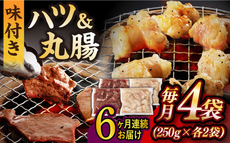 【全6回定期便】【塩だれ】九州産和牛 ホルモン 2種 計1kg（ ハツ 250g×2袋・ 丸腸 250g×2袋） 長与町/岩永ホルモン [EAX144]国産 牛肉 ミックス 小分け 味付き 冷凍 焼肉