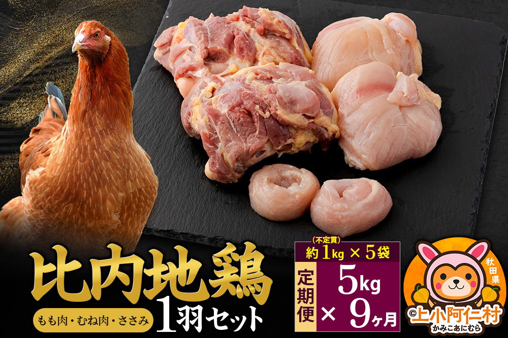【定期便9ヶ月】比内地鶏 1羽セット(もも・むね・ささみ) 約5kg(不定貫約1kg×5袋) 5キロ 国産 冷凍 正肉 鶏肉 鳥肉