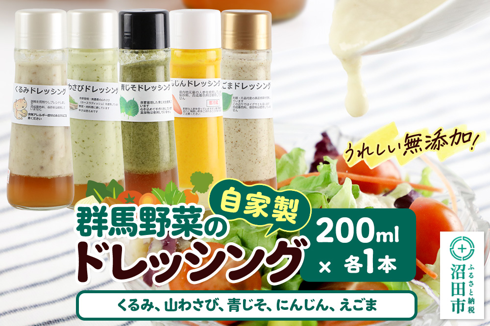 自家製・群馬産野菜で手作りドレッシング（くるみ,山わさび,青じそ,にんじん,えごま）200ml×各1本 泙川食品
