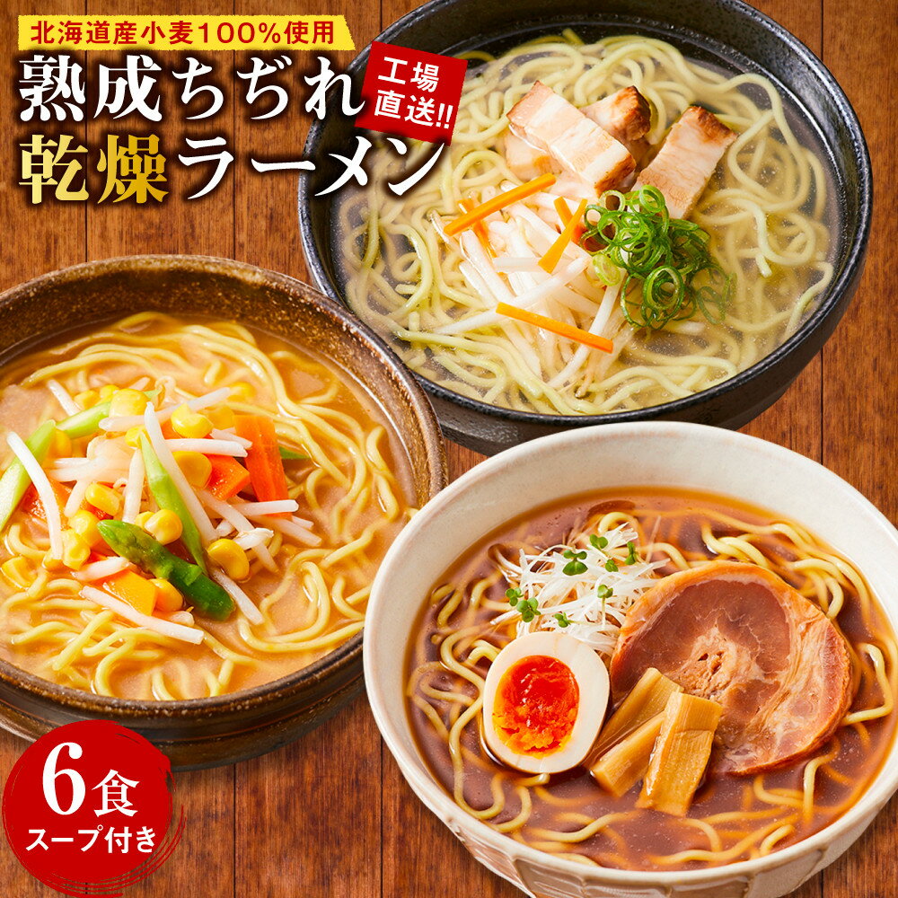 【ふるさと納税】工場直送！！北海道産小麦100％使用熟成ちぢれ乾燥ラーメン6食入り　スープ付き | らーめん ラーメン ギフト 加工食品 人気 おすすめ 送料無料