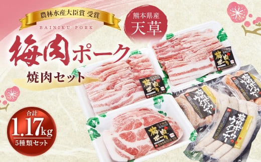 （飼育期間中）完全無薬！ 梅肉エキス肥育 天草梅肉ポーク 焼肉 5種セット 1.17kg 豚バラ 肩ロース ロース ウインナー 豚肉 お肉 肉 セット 詰め合わせ 食べ比べ バーベキュー BBQ お取り寄せ 冷凍 熊本県 上天草市