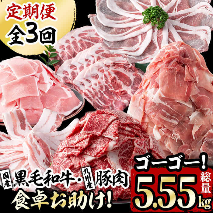 【ふるさと納税】【定期便・全3回】国産黒毛和牛と九州産豚肉の食卓お助けゴーゴー定期便 計5.55kg!真空パックで小分けにされているから使い勝手抜群!すきやきや野菜炒め、肉じゃがなどにも使えて大活躍!【サンキョーミート】t0042-006
