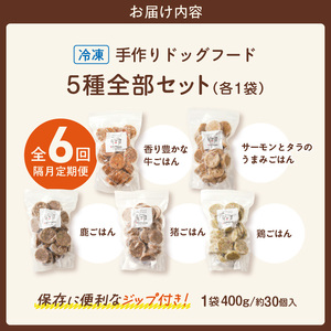 【隔月6回定期便】1cofood　手作りドッグフード　5種全部セット　1.香り豊かな牛ごはん　2.サーモンとタラのうまみごはん　3.鹿ごはん　4.猪ごはん　5.鶏ごはん _ ドッグフード 手作り 5種