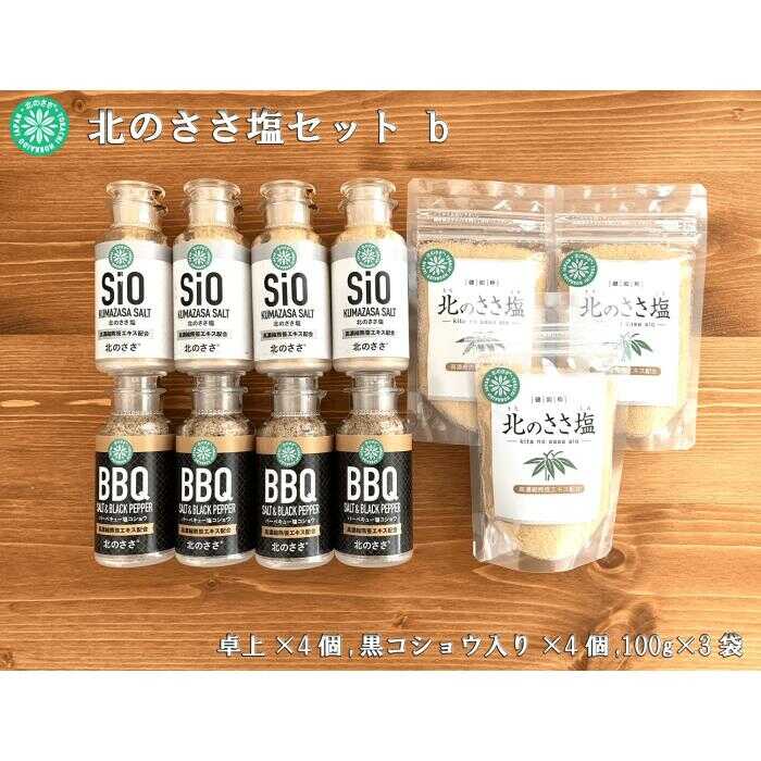 【ふるさと納税】 北のささ塩 Bセット（北のささ塩100g×3袋・SIO75g×4本・BBQ75g×4本）《足寄町》【株式会社北のささ】 塩 しお ささ塩 ソルト 卓上 胡椒 コショウ 黒胡椒 黒コショウ 料理 調味料 おにぎり BBQ アウトドア おすすめ 北海道産 あしょろ 北海道 [BEAR004]