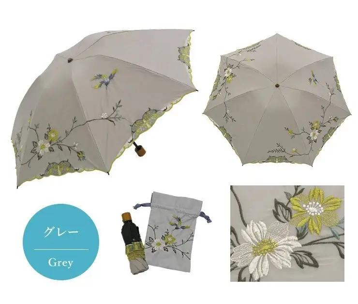 【シノワズリーモダン京都】花鳥刺繍ミニ折りたたみ晴雨兼用日傘 グレー