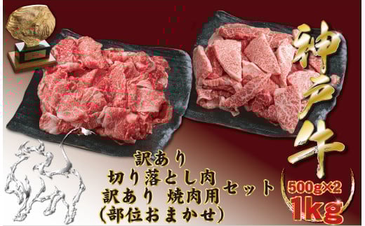 神戸牛(神戸ビーフ) 訳あり 切り落とし肉と焼肉用（不揃い）セット 500gずつ 計1kg　BBQ　肉　国産　牛肉　神戸牛　神戸ビーフ　焼肉　切り落とし　バラ　モモ　肩　カタ　夏休み　バーベキュー　キ